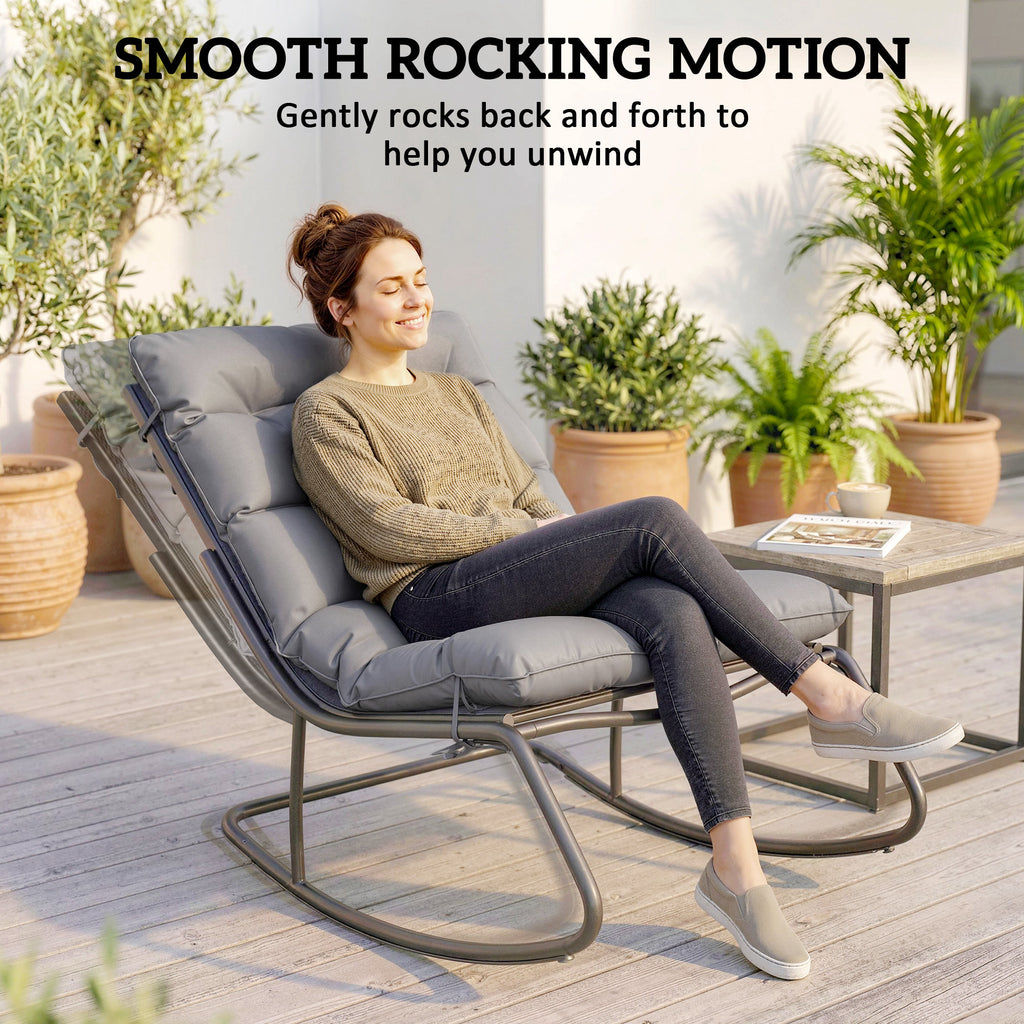 Outdoor Rocking Chair, Oversized Rocking Patio Chair with 25" Extra Wide Mesh Seat and Cushion, Dark Grey