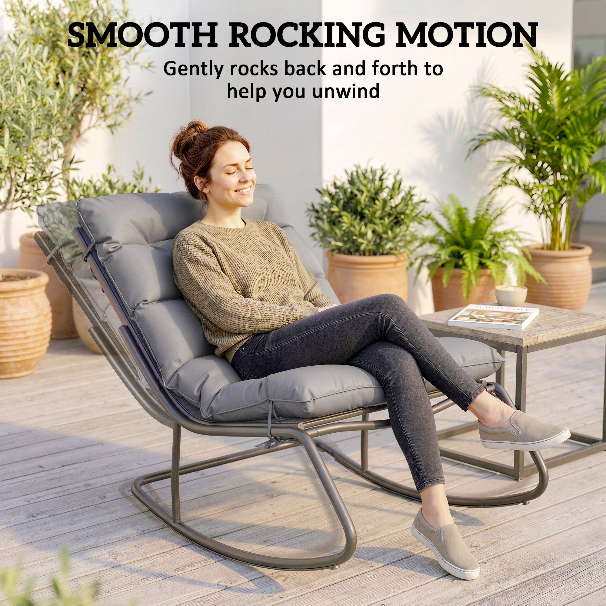 Outdoor Rocking Chair, Oversized Rocking Patio Chair with 25" Extra Wide Mesh Seat and Cushion, Dark Grey