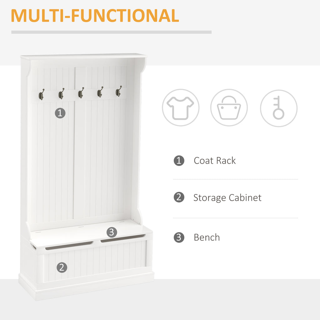 3-In-1 Hall Tree w/ Coat Rack, Shoe Storage and Bench Seat, Entryway Bench w/ 4 Hooks for Hallway, Living Room, White