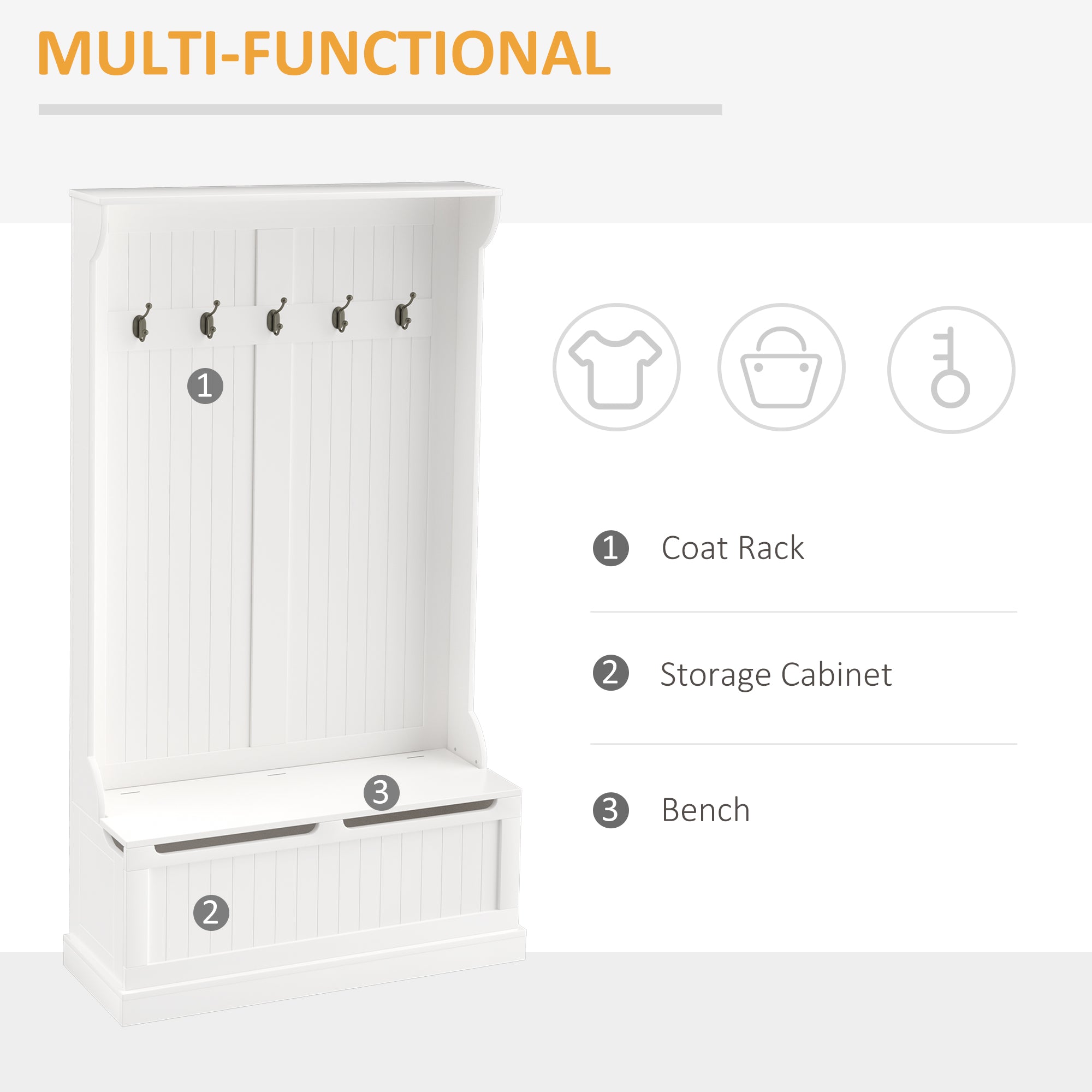 3-In-1 Hall Tree w/ Coat Rack, Shoe Storage and Bench Seat, Entryway Bench w/ 4 Hooks for Hallway, Living Room, White