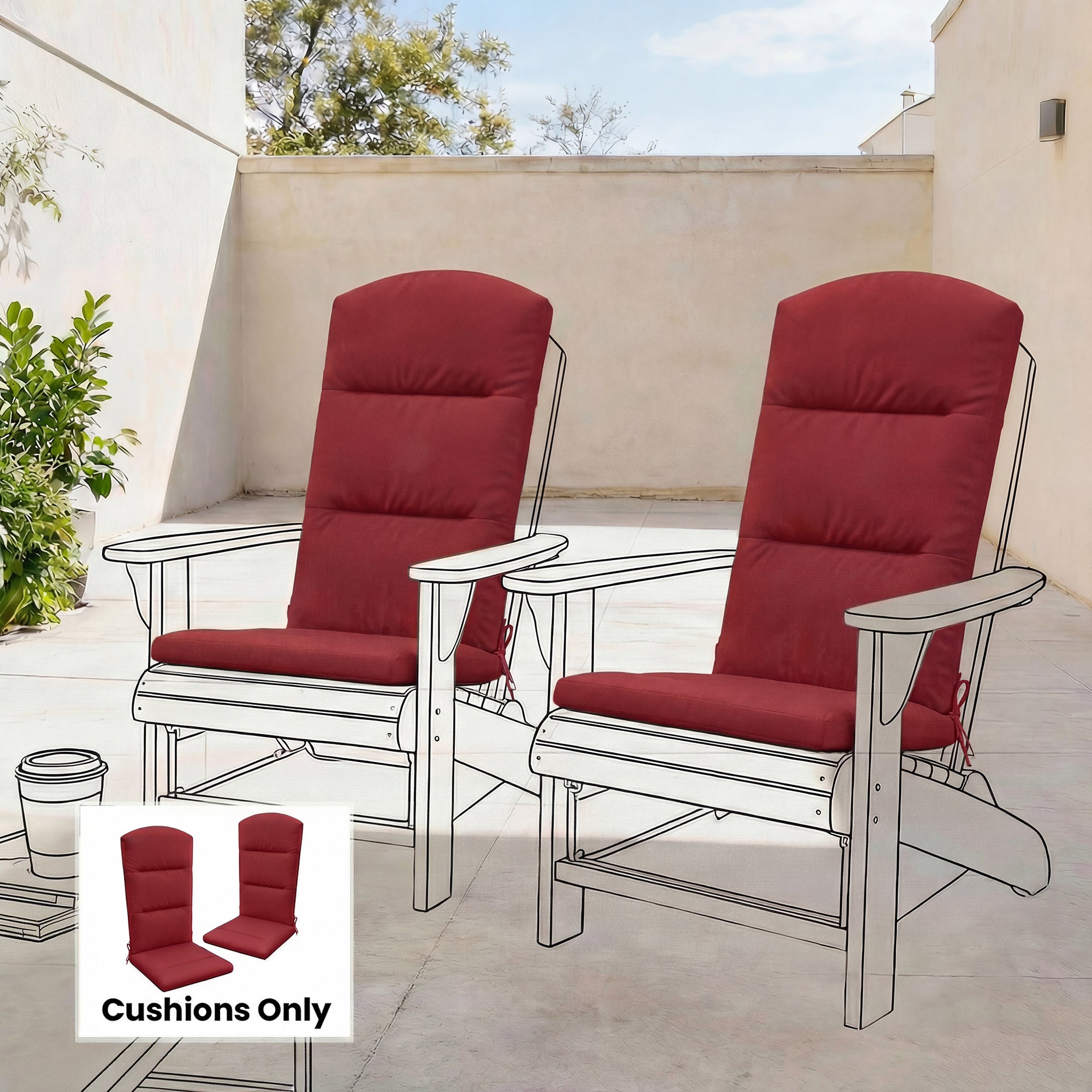 Patio Chair Cushions for Adirondack Chair Replacement Cushions with Back and Ties, Set of 2,  Wine Red