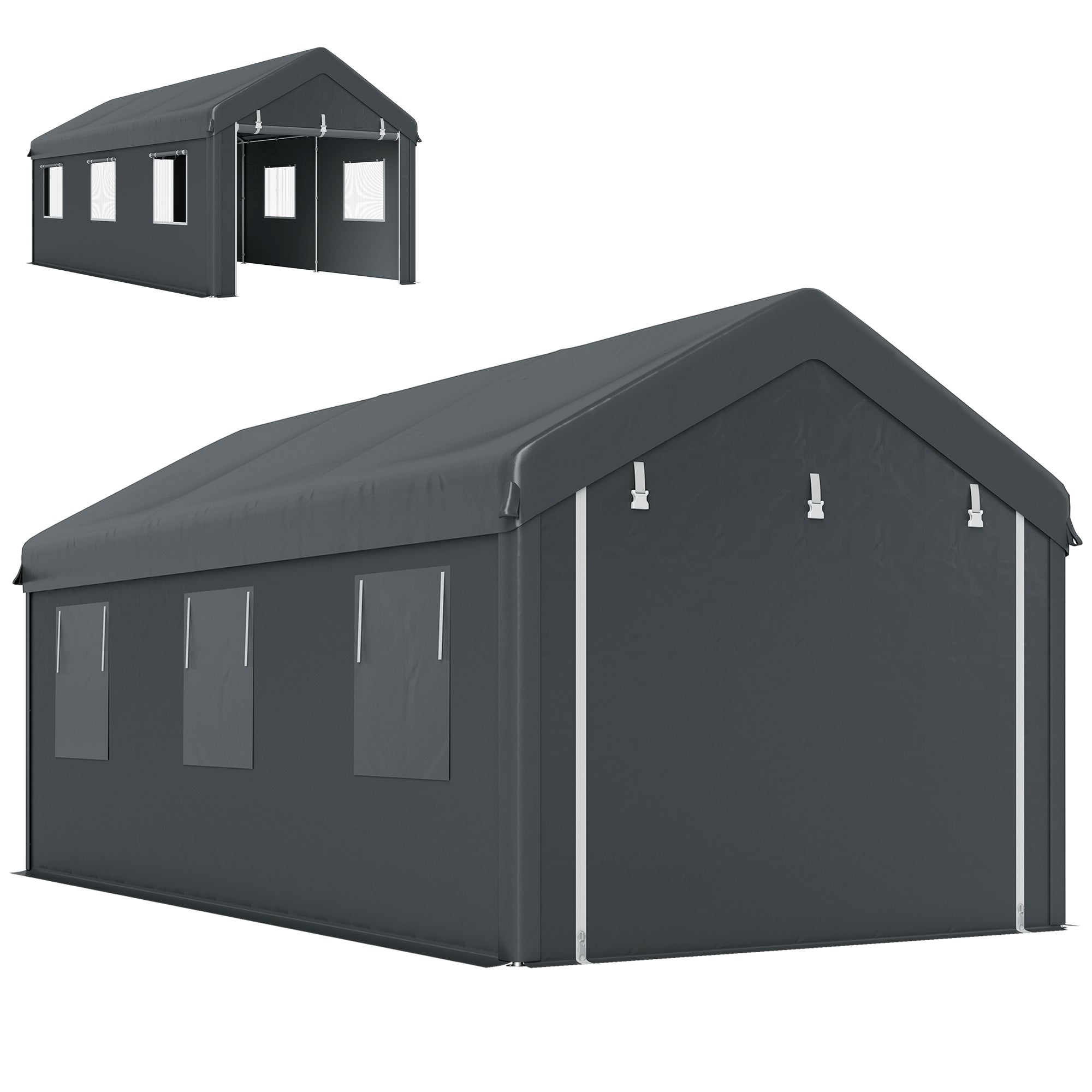 10' x 20' Carport, Heavy Duty Portable Garage with 6 Mesh Windows and 2 Doors, Dark Grey