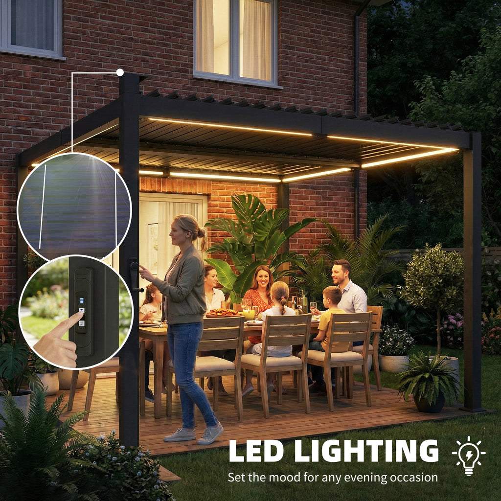 10 x 10 ft Louvered Pergola with Solar LED lights, Metal Roof, Outdoor Pergola Gazebo with Drainage Gutters, Black