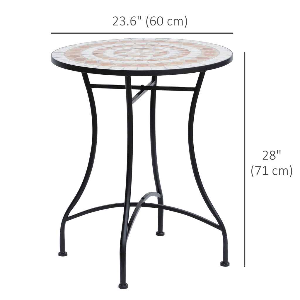 23.5" Mosaic Round Patio Table, Metal Side Bistro Coffee Table, Outdoor Furniture, Ceramic Tabletop for Garden Lawn