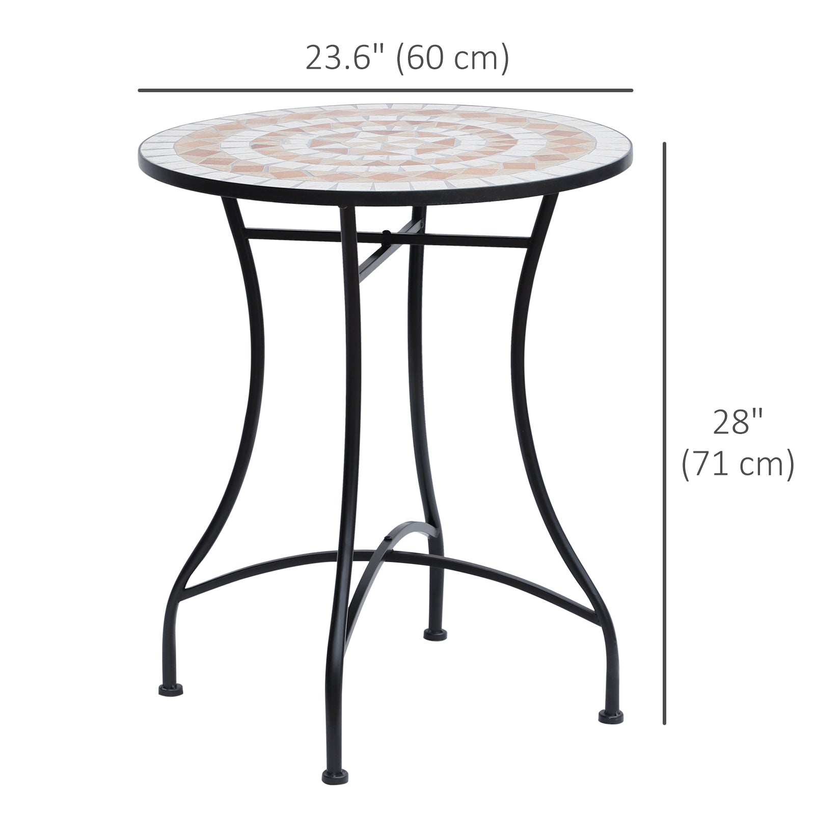 23.5" Mosaic Round Patio Table, Metal Side Bistro Coffee Table, Outdoor Furniture, Ceramic Tabletop for Garden Lawn
