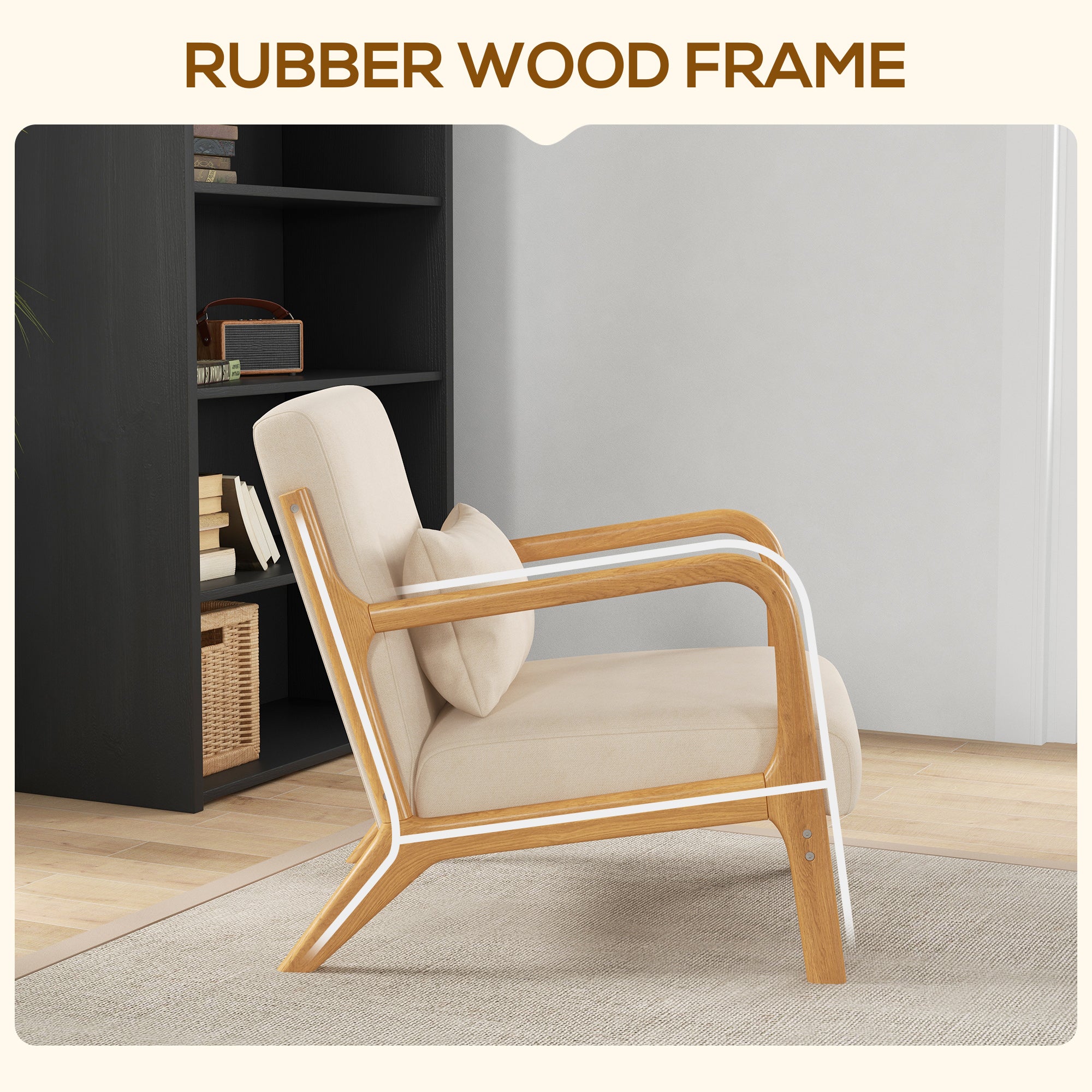 Fabric Lounge Chair, Velvet Armchair, Retro Accent Chair with Wood Legs and Thick Padding for Bedroom, Beige