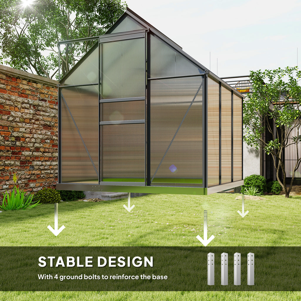 6' x 6' x 6.5' Polycarbonate Greenhouse, Walk-in Green House with Adjustable Roof Vent Galvanized Base Sliding Door Rain Gutter for Outdoor Garden Backyard, Grey