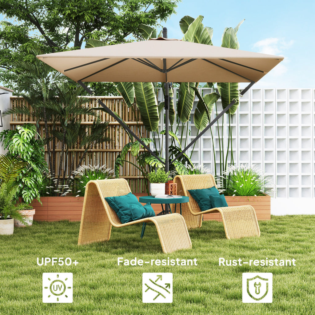 Patio Offset Umbrella UPF 50+ UV Protection, Crank Parasol with Base, Cover & Wind Securing, Khaki