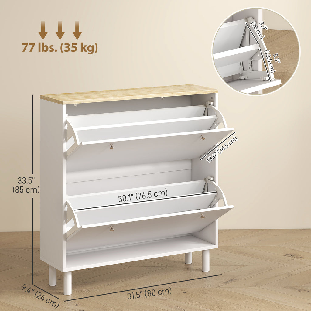 2 Drawers Shoe Storage Cabinet with Adjustable Shelves for 16 Pairs of Shoes, White