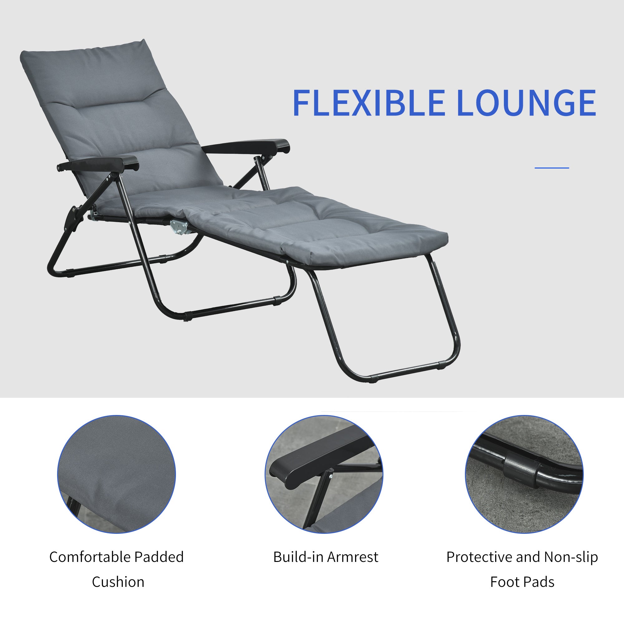 Foldable Lounge Chair, Reclining Patio Sun Lounger with 6-Position Adjustable Back, Grey