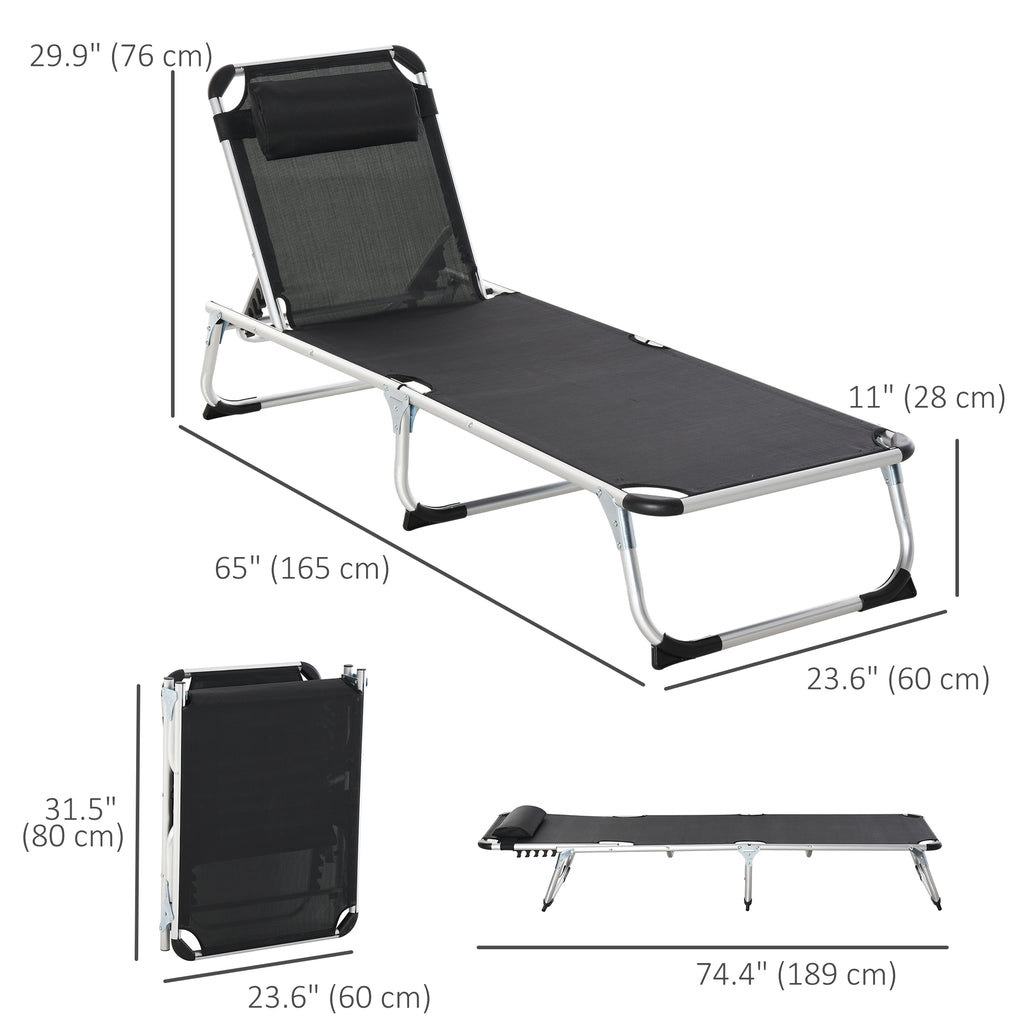 Folding Lounge Chair, Patio Lounger with Headrest, 5-Level Adjustable Backrest, and Aluminum Frame, Black