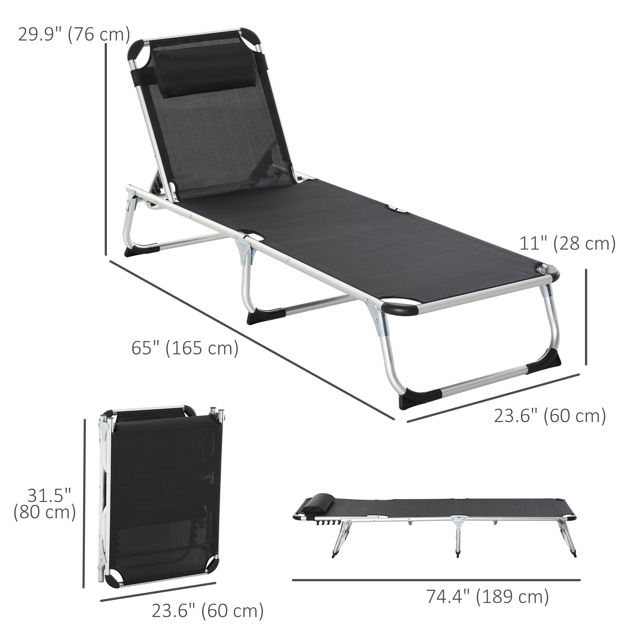 Folding Lounge Chair, Patio Lounger with Headrest, 5-Level Adjustable Backrest, and Aluminum Frame, Black