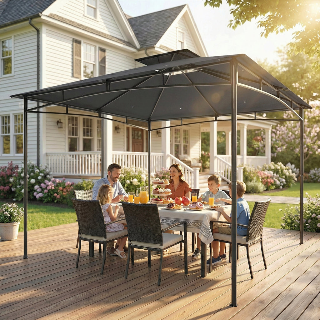 10' x 10' Gazebo, Soft Top Outdoor Gazebo with 2-Tier Roof, Metal Frame, Dark Grey