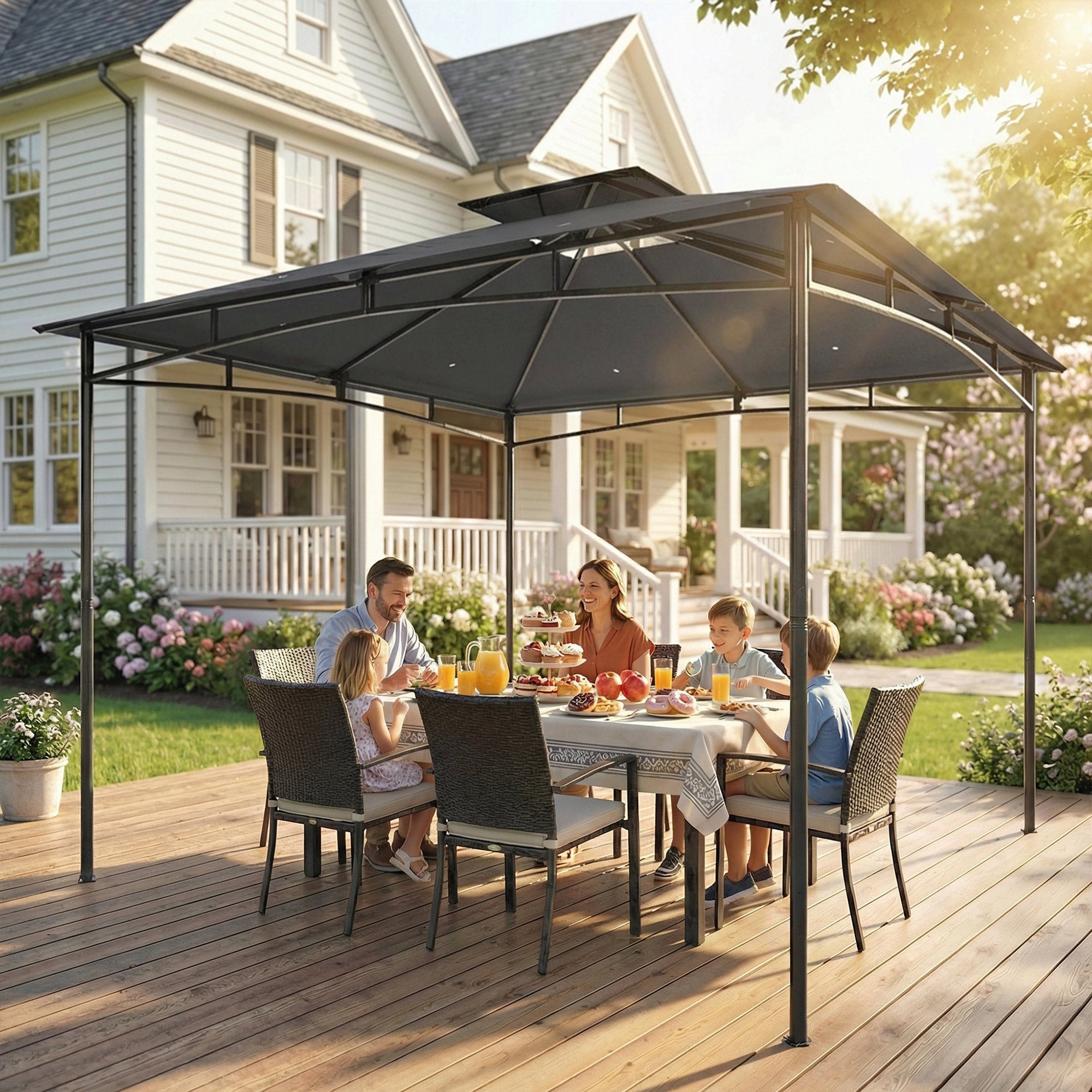 10' x 10' Gazebo, Soft Top Outdoor Gazebo with 2-Tier Roof, Metal Frame, Dark Grey
