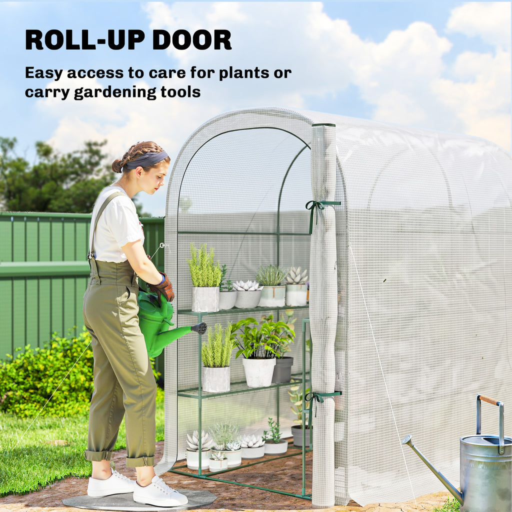 Walk-in Mini Greenhouse with Shelves, Portable Outdoor Greenhouse with Roll-up Door, 123 x 187 x 189 cm, White