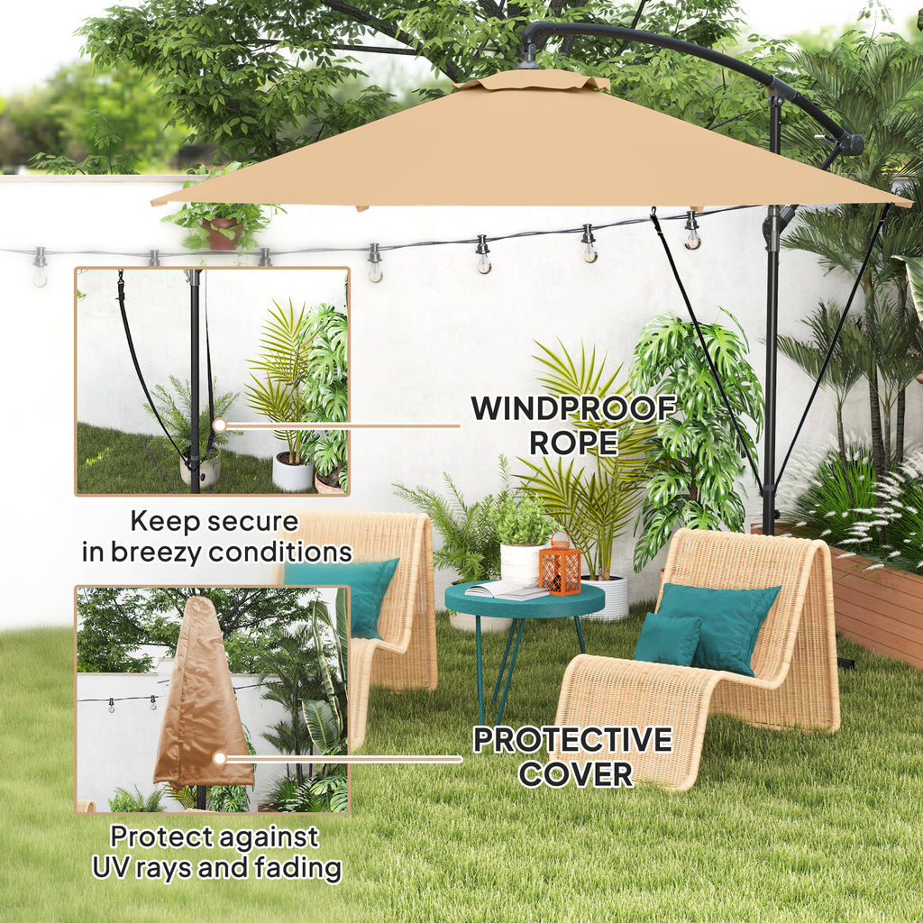 9.5' Cantilever Umbrella with Wind Protection Strap and Cover, Hanging Umbrella with Crank and Cross Base, Khaki