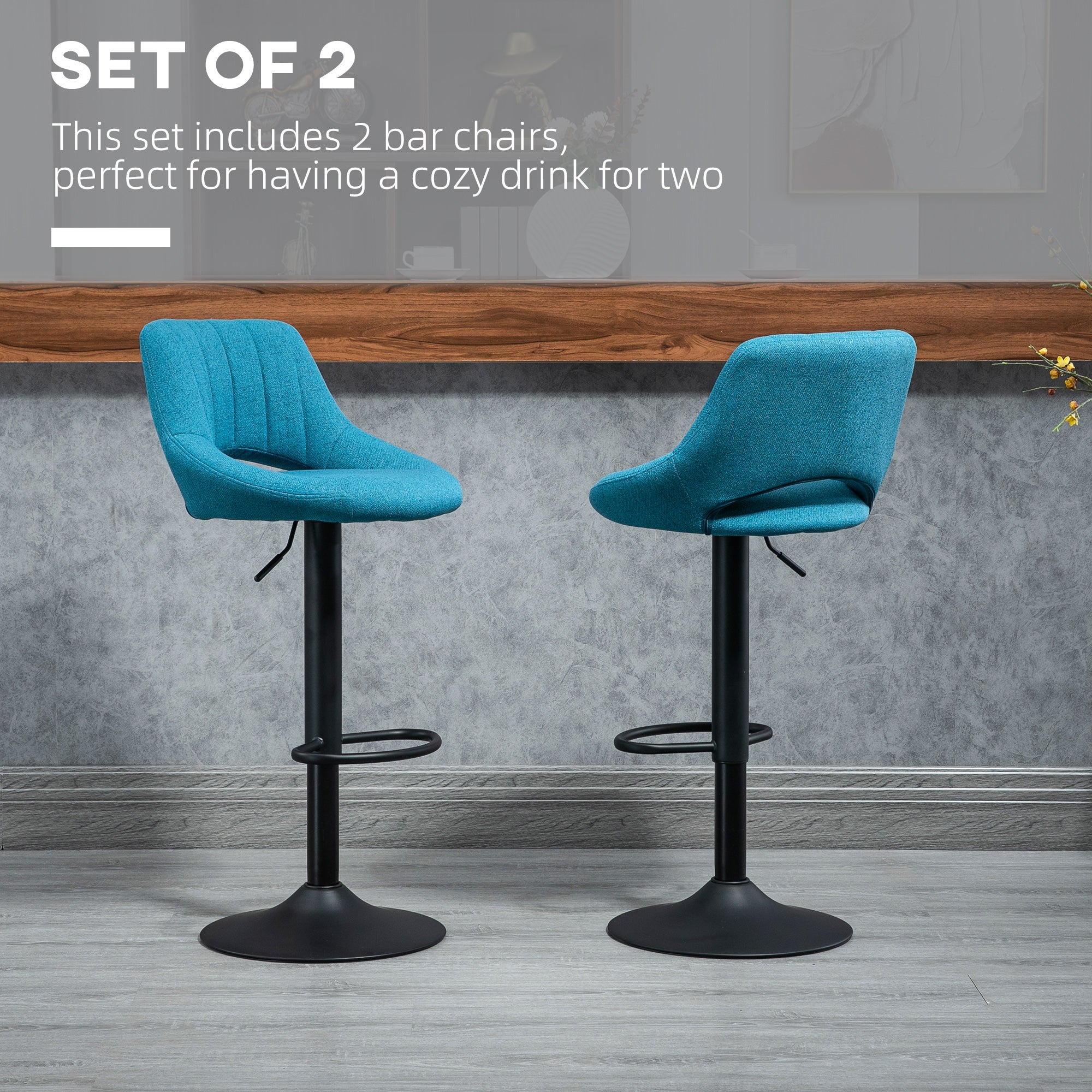 Bar Stools Set of 2, Swivel Counter Height Barstools with Adjustable Height, Linen Upholstered Bar Chairs with Round Metal Base and Footrest, Blue