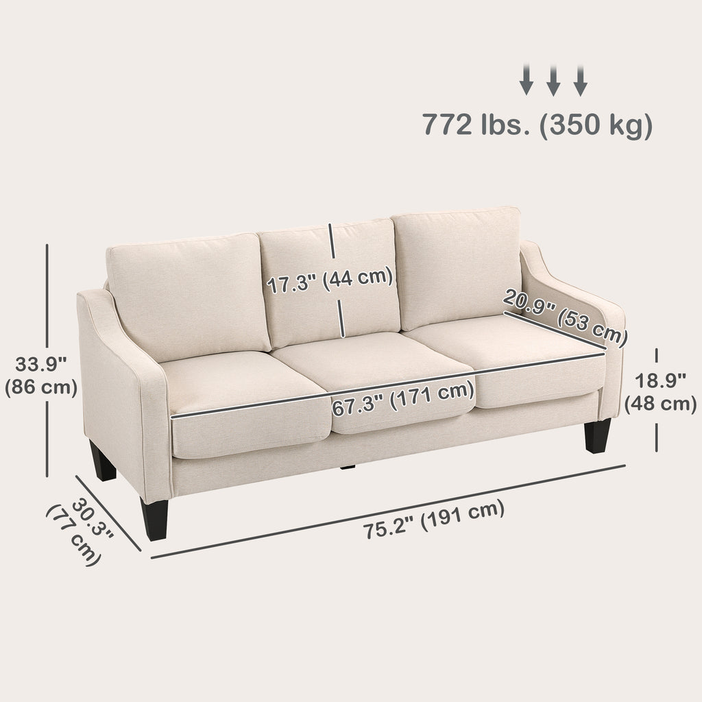 3 Seater Sofa, Modern Couch with Pocket Spring, Linen Upholstered, Thick Padded, Beige