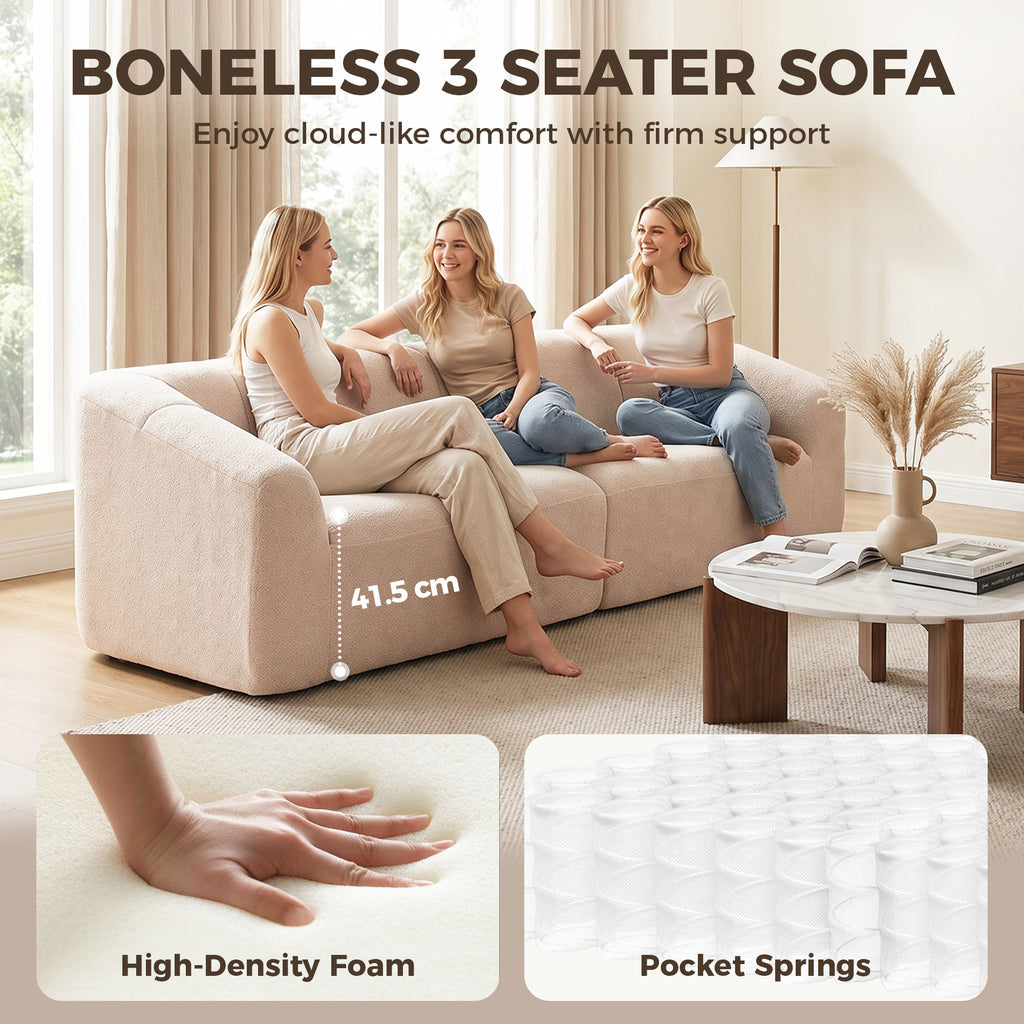 3 Seater Sofa, Chenille Boneless Cloud Couch with Spring Cushion, Wide and Deep Seat, Beige