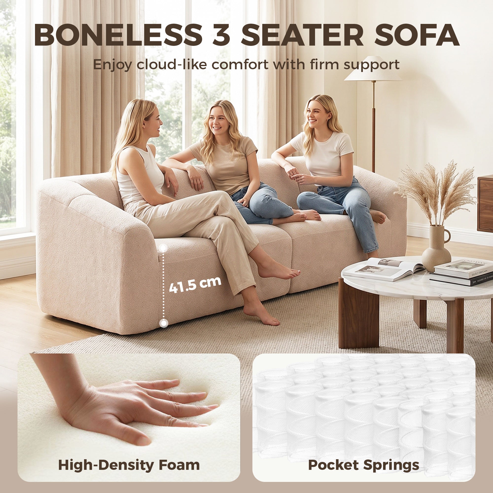 3 Seater Sofa, Chenille Boneless Cloud Couch with Spring Cushion, Wide and Deep Seat, Beige