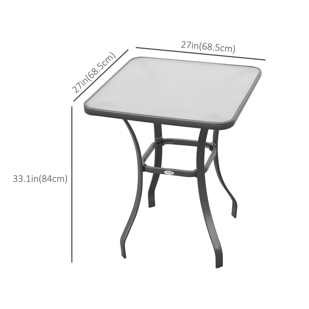 27" Patio Square Table with Tempered Glass Top Outdoor Dining Bar Table Steel Backyard Bistro Table Steel Frame
