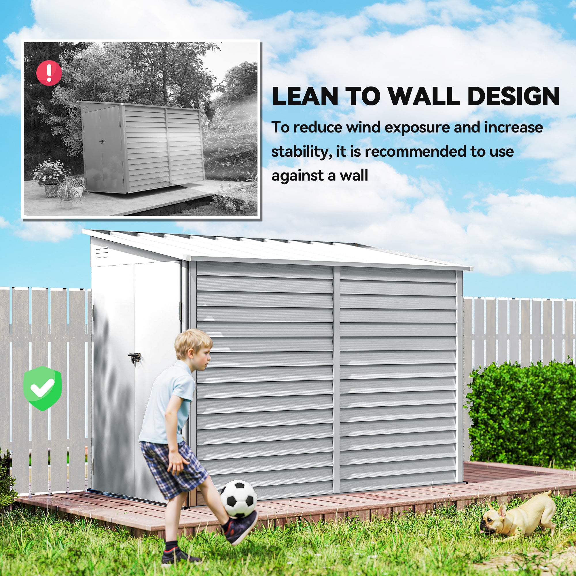 4.6' x 9' Steel Outdoor Storage Shed, Lean to Shed, Metal Tool House with Foundation Kit, Lockable Doors, Gloves and 2 Air Vents for Backyard, Patio, Lawn, White