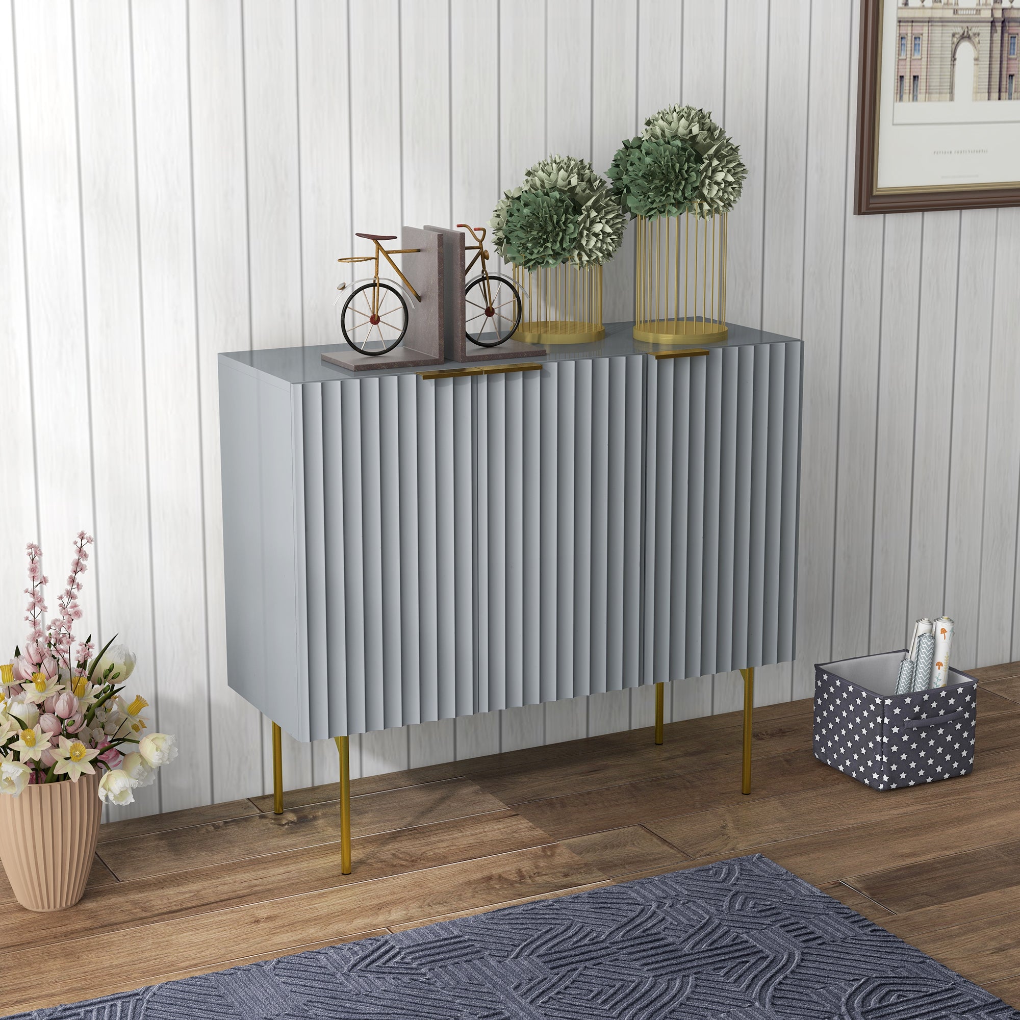 Modern Storage Cabinet Sideboard Buffet Cabinet with Gold Legs for Living Room Dining Room Hallway Grey