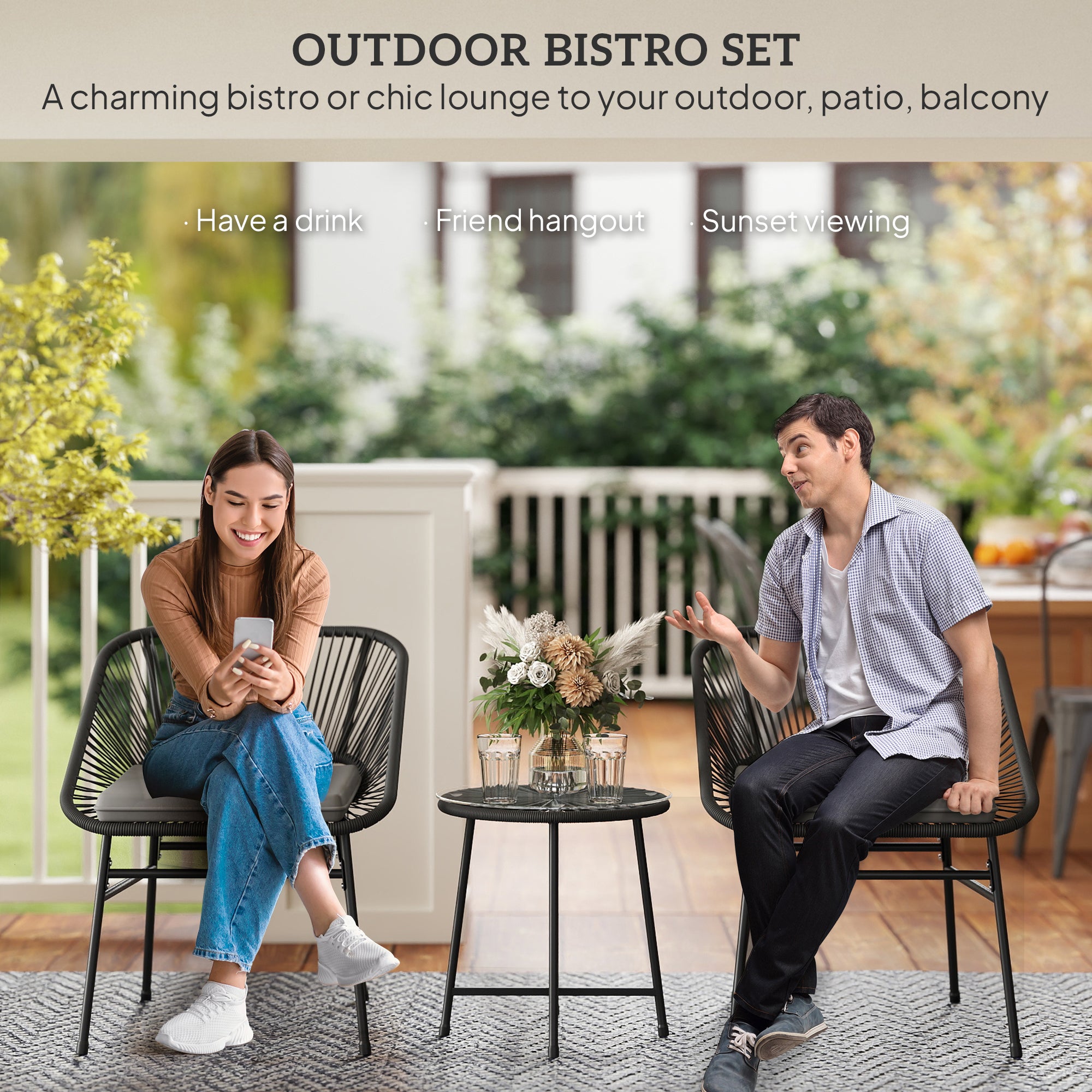 3 Piece Bistro Set, Wicker Outdoor Patio Furniture Set with Glass Top Table, Cushions for Balcony, Porch, Black