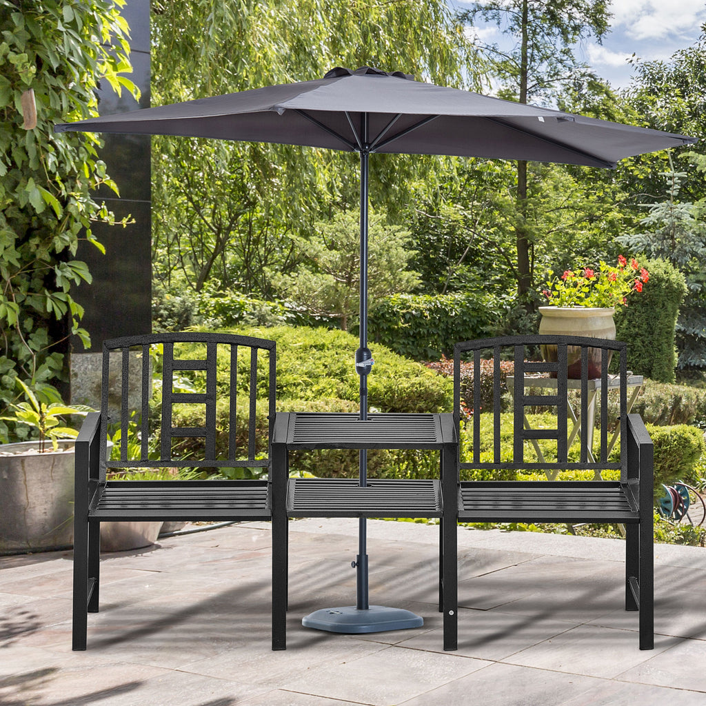 Steel Garden Bench w/ Middle Table, Umbrella Hole, Double Seat for Outdoor, Patio, Backyard  Weather-Resistant Frame, Black
