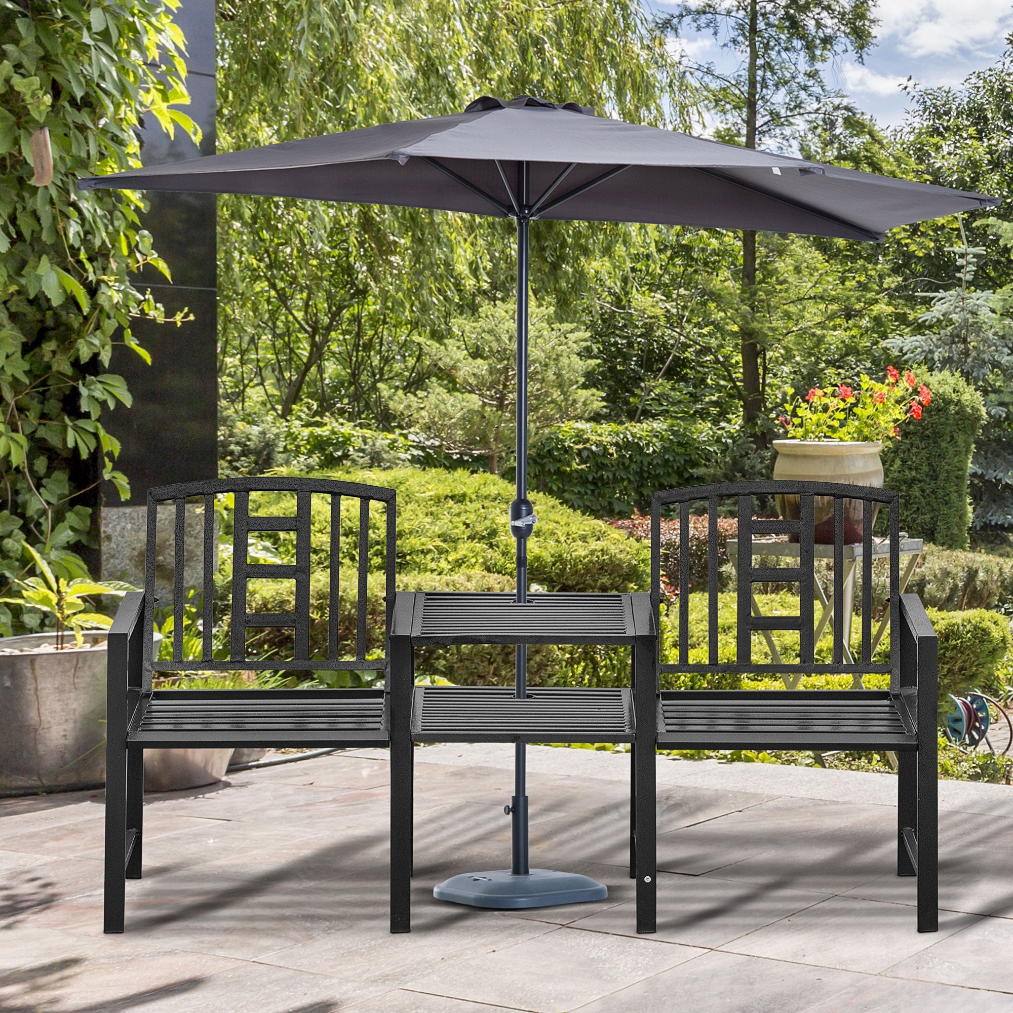 Steel Garden Bench w/ Middle Table, Umbrella Hole, Double Seat for Outdoor, Patio, Backyard  Weather-Resistant Frame, Black
