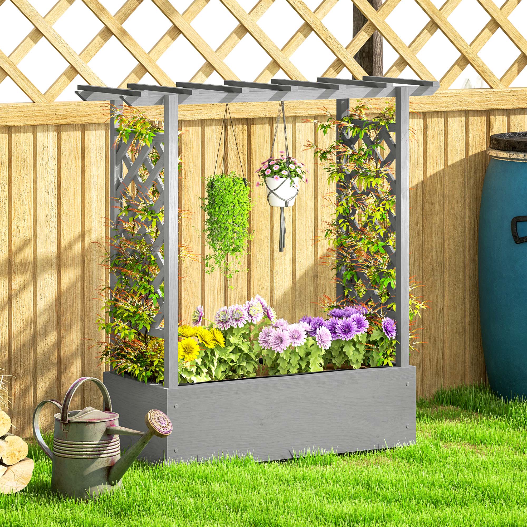 Wooden Raised Garden Bed with Trellis, Outdoor Planter Box with Hanging Roof, Drainage Holes and Bed Liner