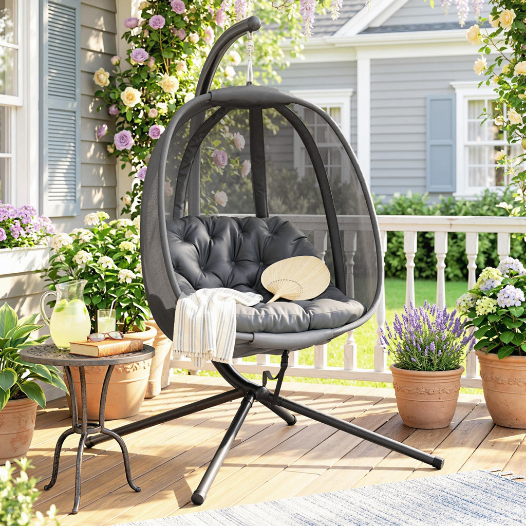 Hanging Egg Chair, Outdoor Indoor Swing Chair with Stand, Folding Basket and Thickened Cushion, Grey