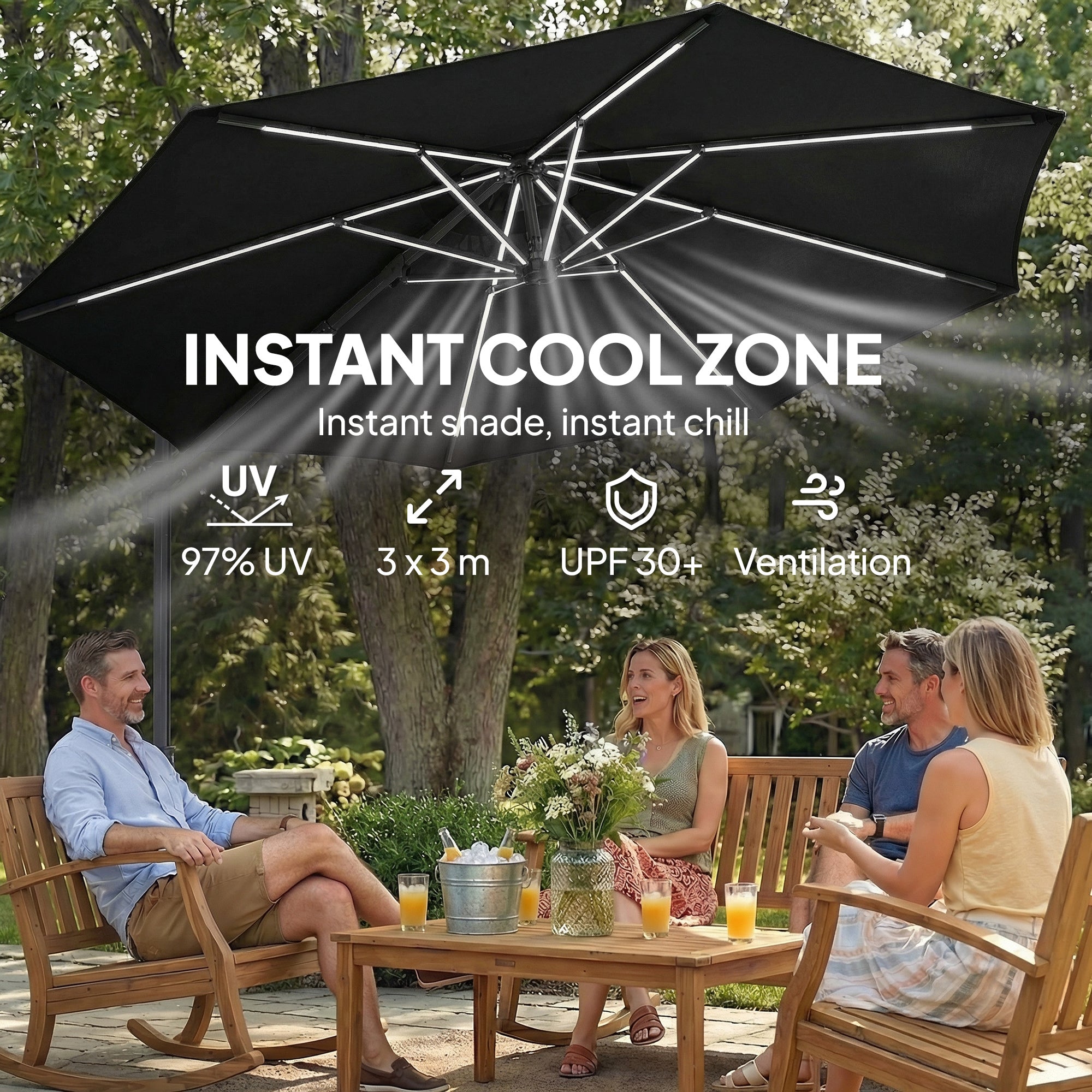 10 ft Offset Patio Umbrella with Solar Light, Garden Hanging Parasol with 360Â° Rotation, Tilt, Cover, Black