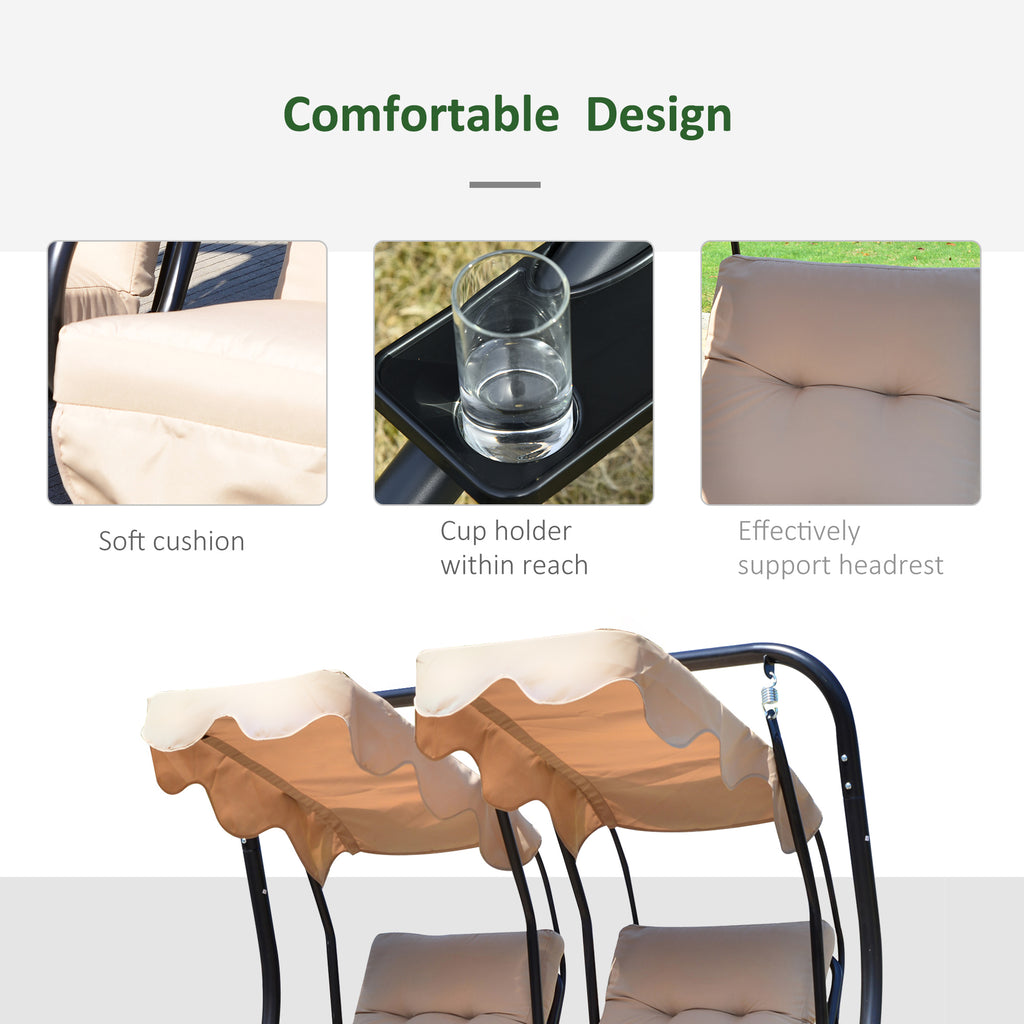 Luxury Porch Swing Metal Outdoor Swing Chair 2 Separated Seater Hammock Heavy-Duty with Canopy and Cushions, Beige
