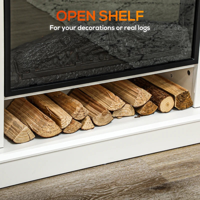 White freestanding electric fireplace with mantel shelf and realistic logs
