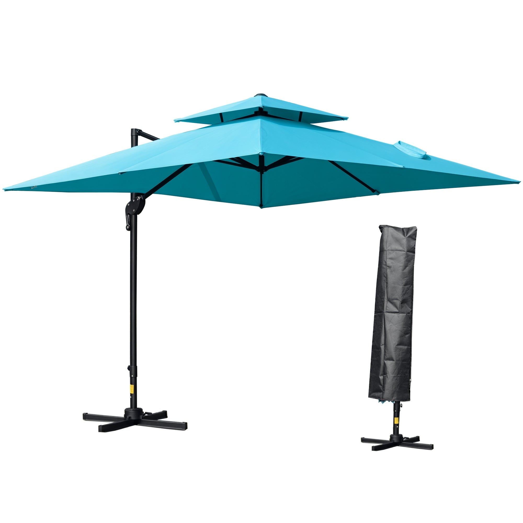 10' x 10' Cantilever Patio Umbrella, Double Top Square Offset Umbrella with 360Â° Rotation, 5 Adjustable Tilt Angles, Umbrella Cover, Aluminum Pole and Ribs, Light Blue