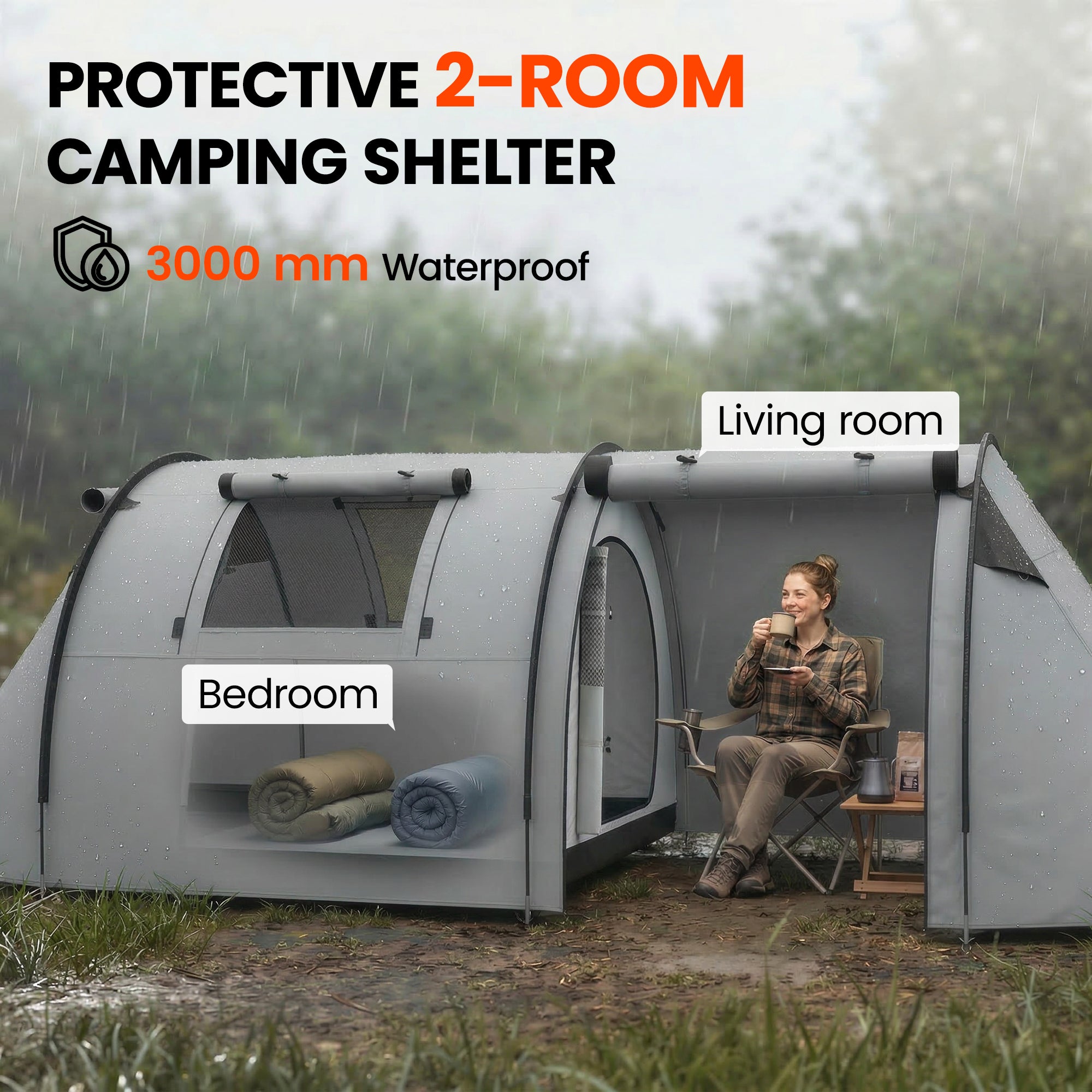 3-4 Person Camping Tent with 2 Rooms, 3000mm Waterproof Portable Family Tent with Carry Bag, Grey