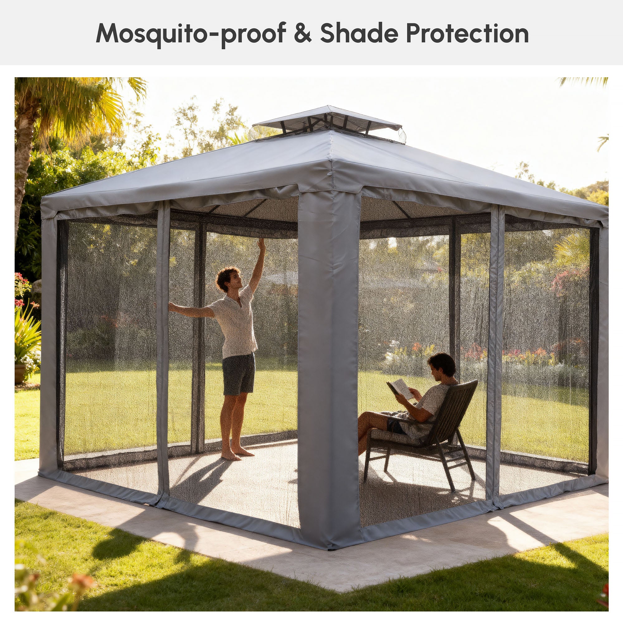 10' x 10' Patio Gazebo Pavilion, 2-Tier Roof Canopy Outdoor Event Tent with Steel Frame and Mosquito Netting for Garden, Yard and Sun Shade Use, Grey