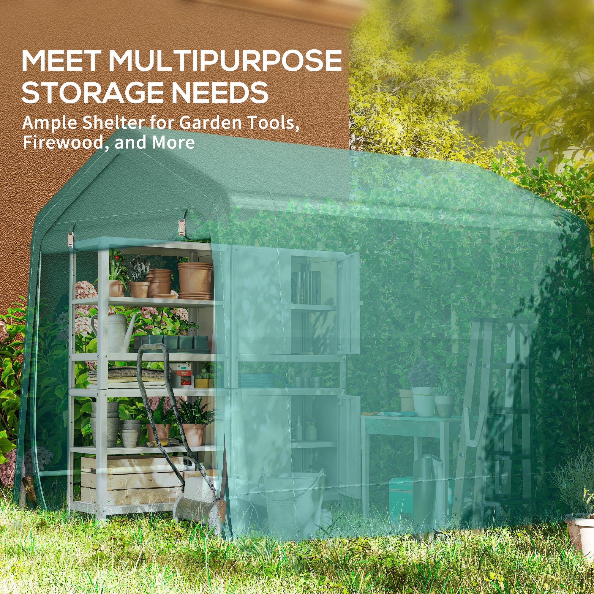 7.9' x 6.6' Garden Storage Tent, Patio Storage Shelter w/ Metal Frame and Double Zipper Doors, Green