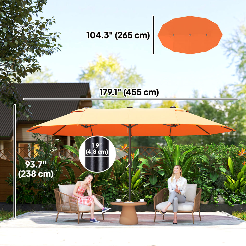 15' Outdoor Patio Umbrella with Twin Canopy Sunshade Steel Table Umbrella with Lift Crank Orange