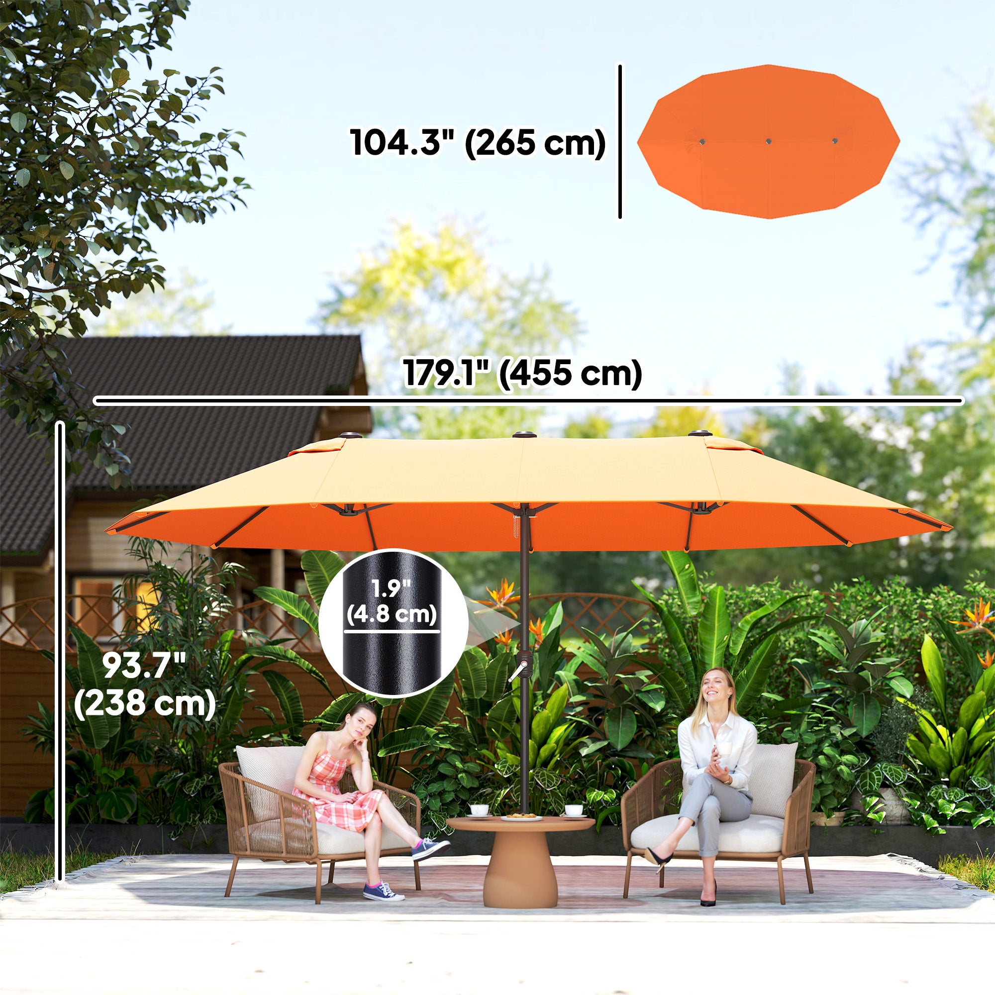 15' Outdoor Patio Umbrella with Twin Canopy Sunshade Steel Table Umbrella with Lift Crank Orange