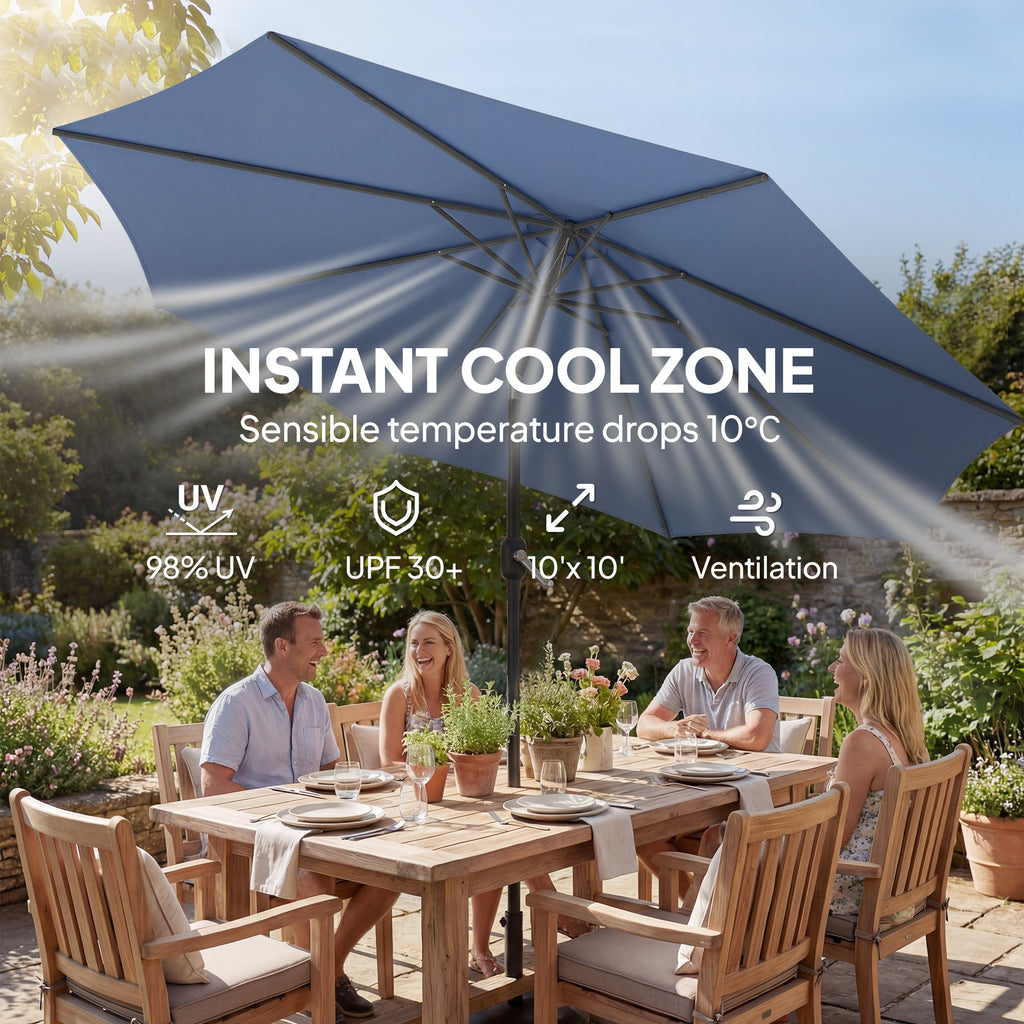 10' x 10' Round Market Umbrella with Base and Sandbag, Patio Umbrella with Crank Handle and Tilt, Blue