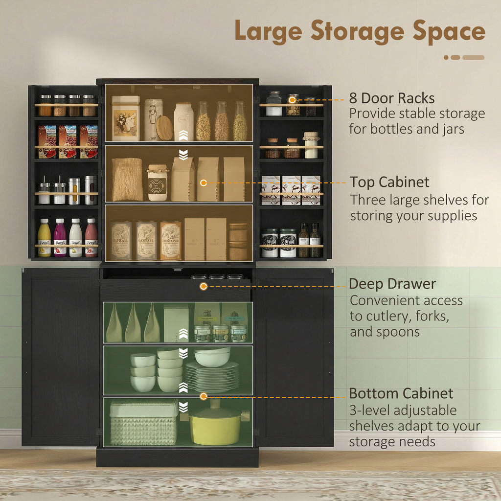 72" Tall Kitchen Pantry Cabinet, Farmhouse Storage Cabinet with 8 Door Racks and Adjustable Shelves, Black