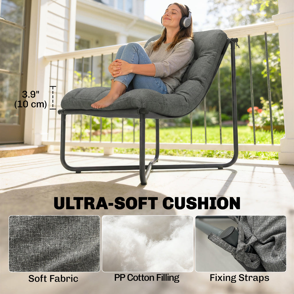 Outdoor Patio Chair, Comfy Sling Lounge Chair with Cushion, Breathable Wide Seat, Steel Frame, Dark Grey