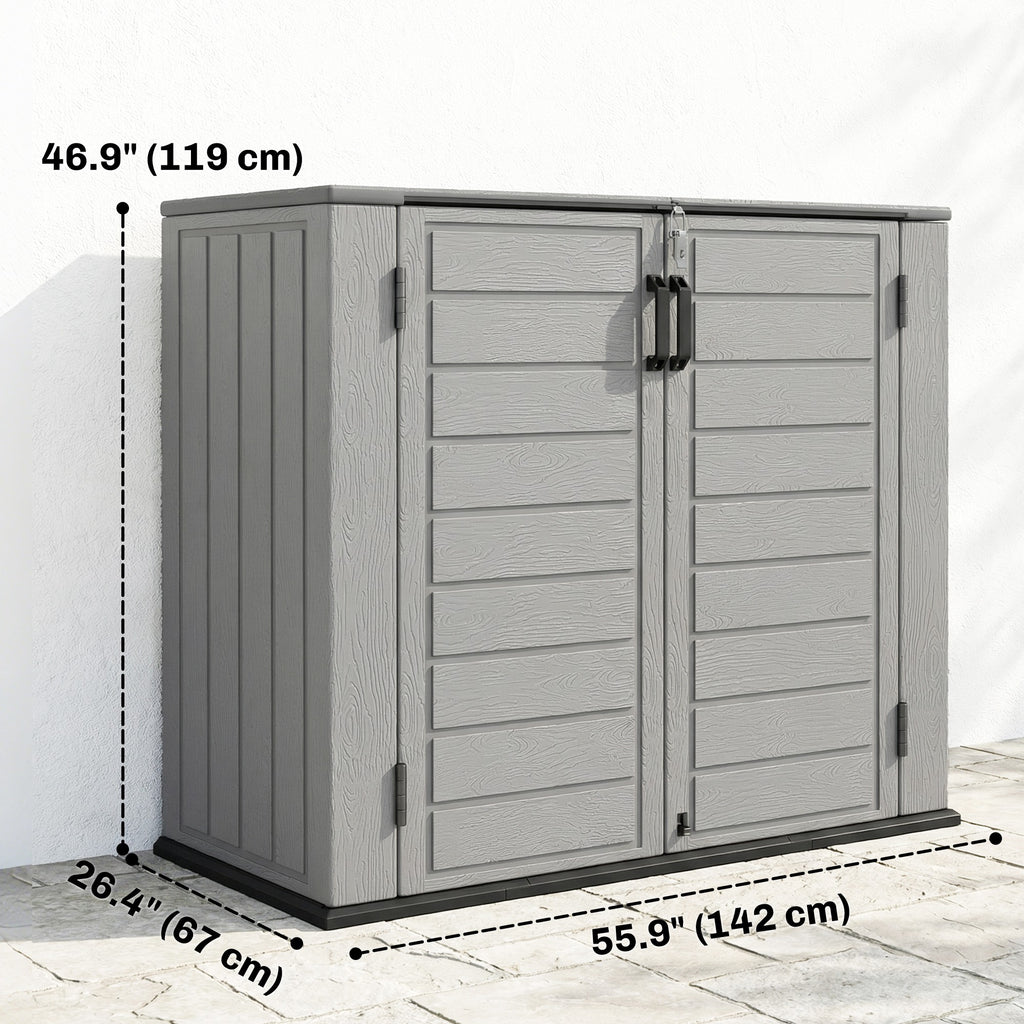 33 Cu.ft Plastic Outdoor Storage Shed, Storage Cabinet Tool Box with Lockable Double Doors and Flip-Top Lid Light Grey