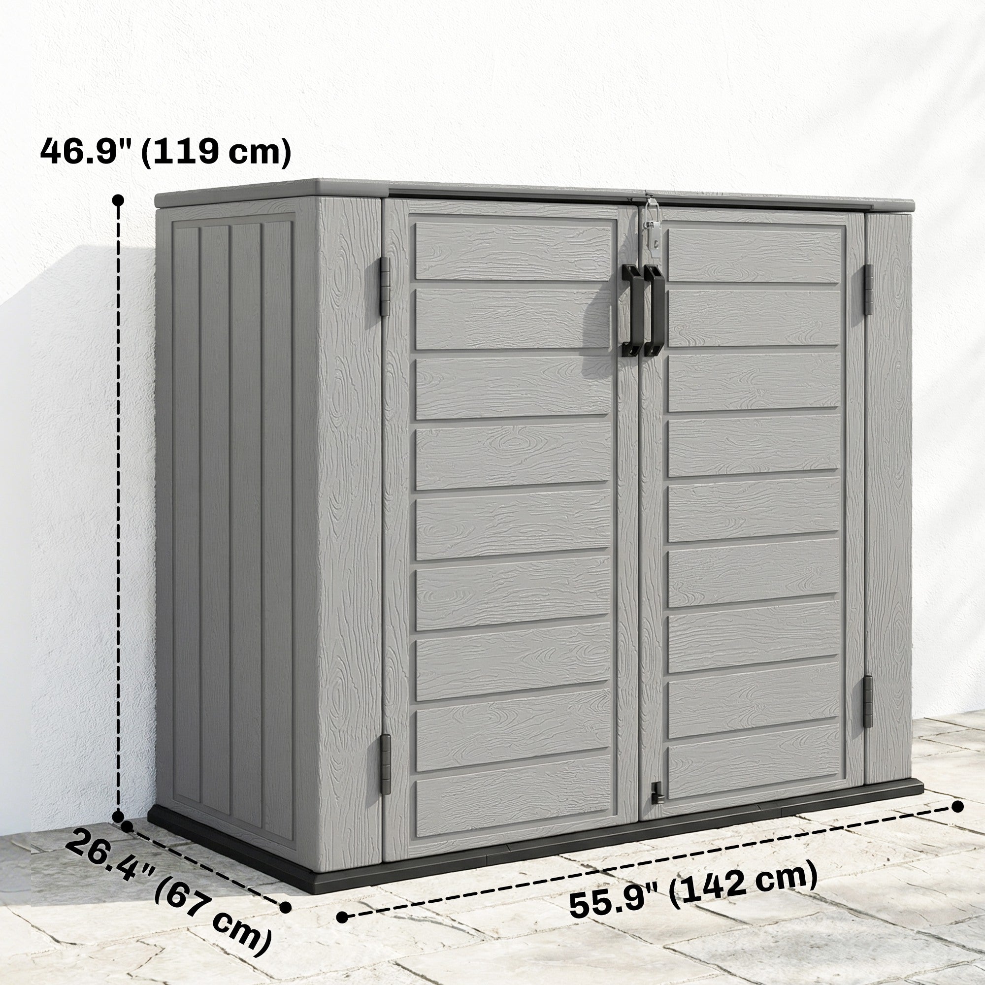 33 Cu.ft Plastic Outdoor Storage Shed, Storage Cabinet Tool Box with Lockable Double Doors and Flip-Top Lid Light Grey