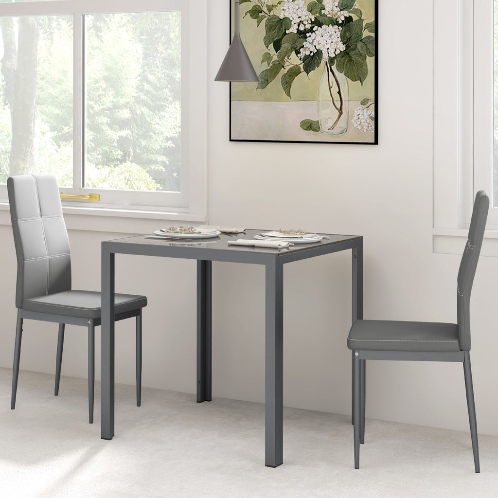 3-Piece Rectangular Glass Kitchen Table and Chairs with Metal Frame and Faux Leather Upholstery for Dining Room, Grey