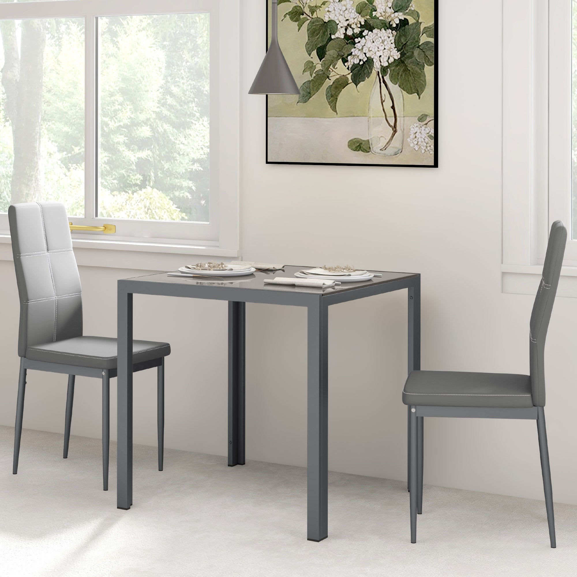 3-Piece Rectangular Glass Kitchen Table and Chairs with Metal Frame and Faux Leather Upholstery for Dining Room, Grey