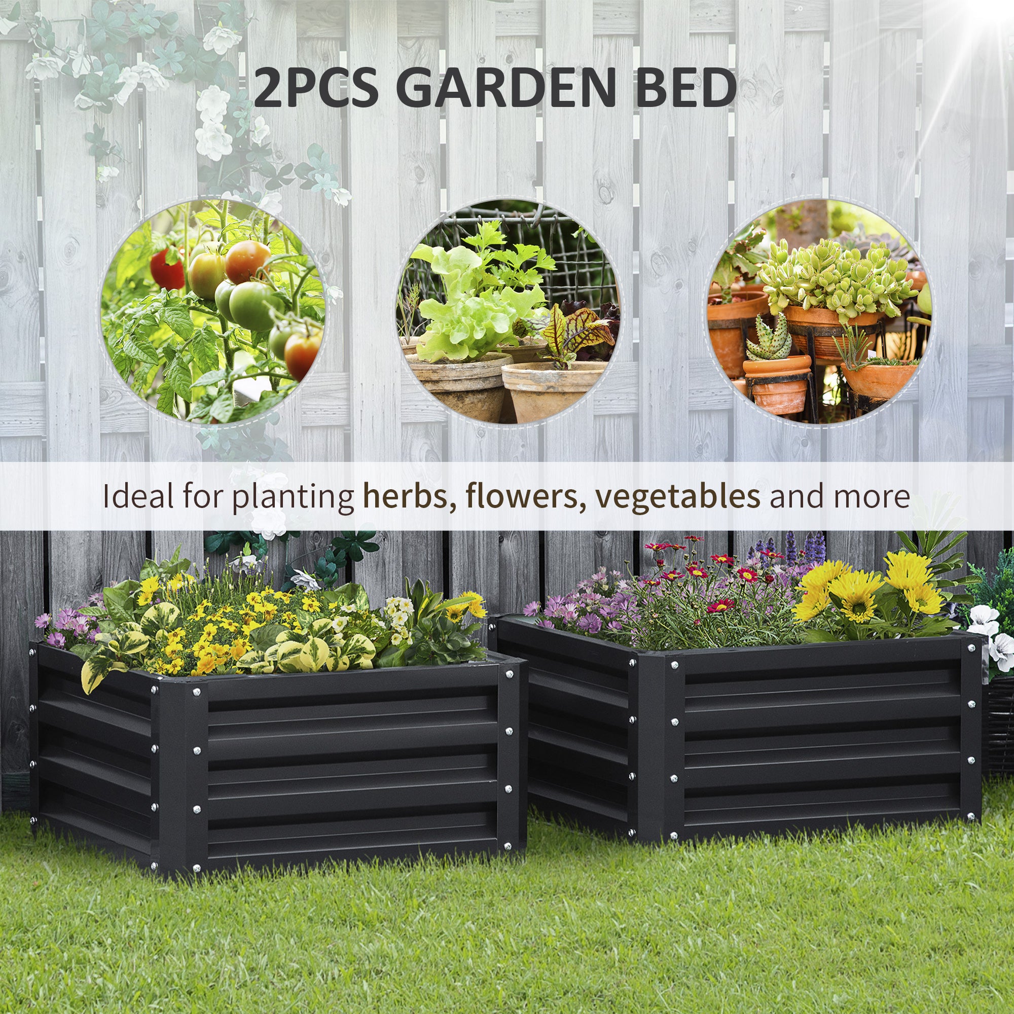 2' x 2' x 1' 2-Pieces Raised Garden Bed with Galvanised Steel Frame for Vegetables, Flowers, Herbs, Grey