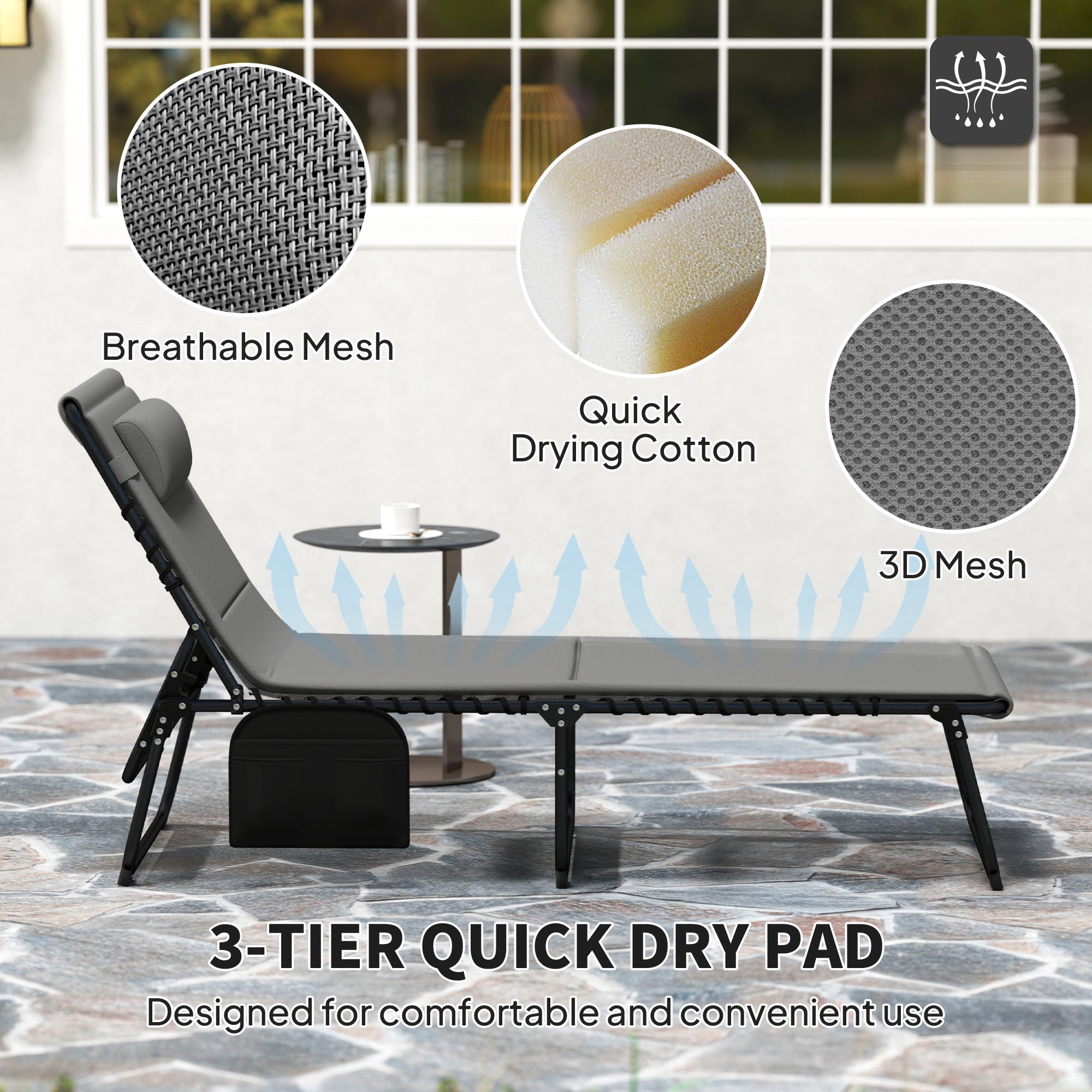 Folding Chaise Lounge Chair Set of 2, Reclining Outdoor Lounge Chair Set with Quick Drying Pad Headrest Side Pocket, Tanning Chair Set for Beach Garden Pool, Light Grey